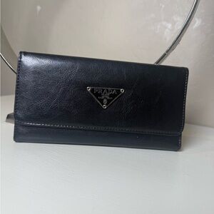 Prada Black Leather Continental Wallet with Triangular Logo